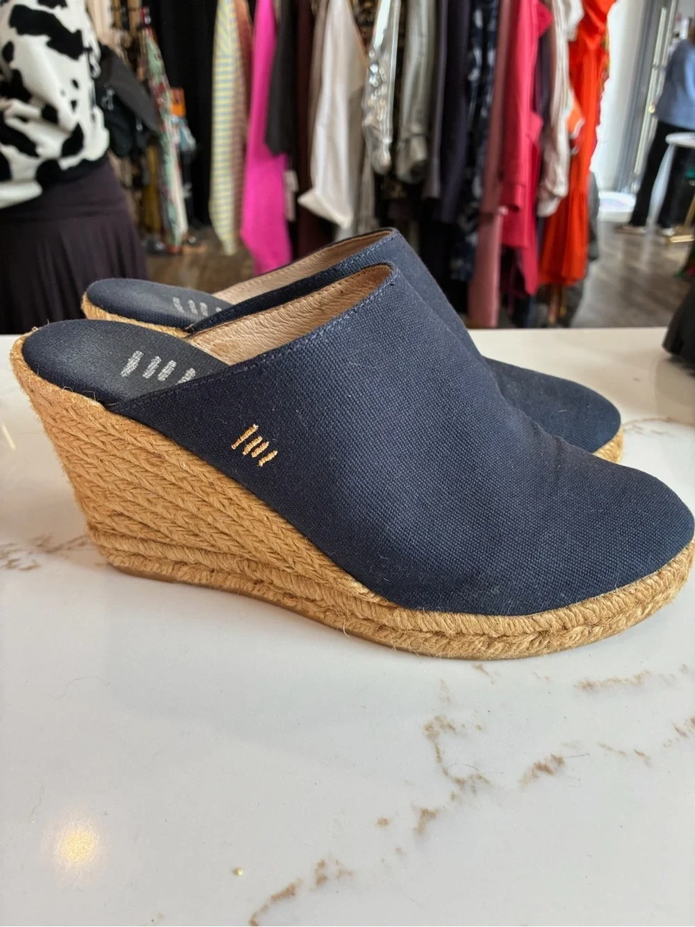 Navy Canvas Espadrille Wedge Mules - Women